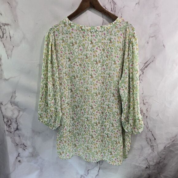 Rose + Olive Shirt Womens 1X White Green Pink Blouse Popover Flowy Ditzy Floral - Picture 5 of 12